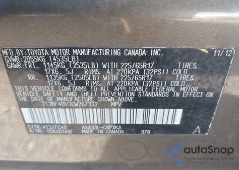 2012 Toyota Rav4 z USA, uszkodzony, nr VIN 2T3BF4DV3CW267332